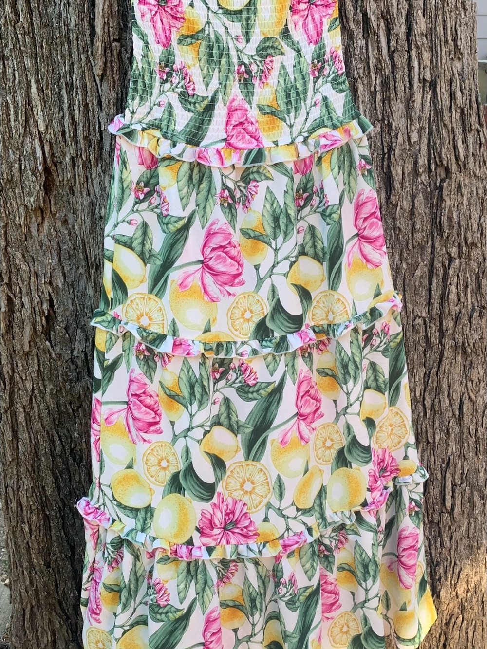 Women’s Lemon & Pink Floral Maxi Dress with Ruffled Tiers